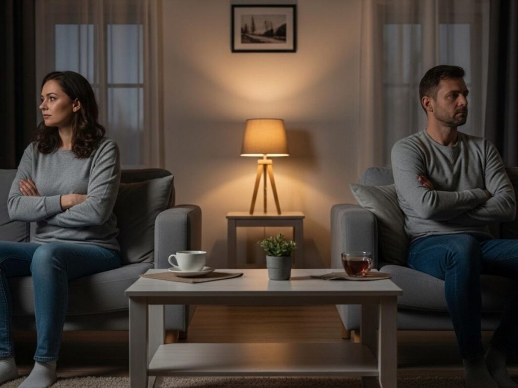A married couple sitting apart on a couch in a dimly lit living room, reflecting emotional distance and relationship tension.