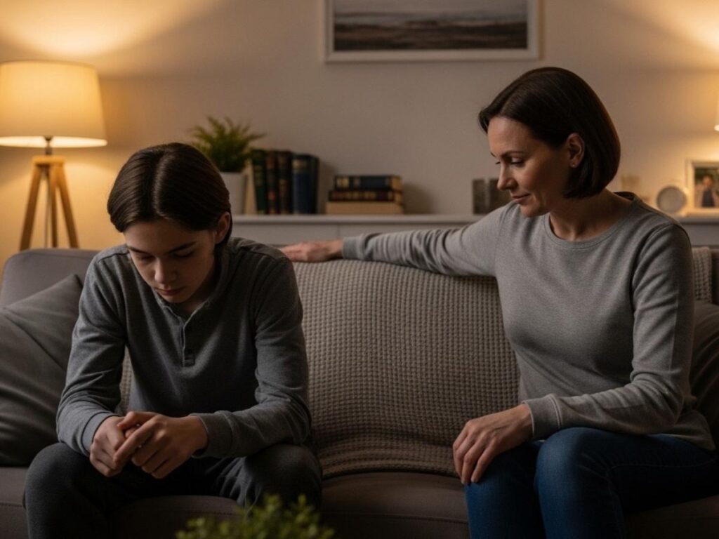 A parent sitting quietly beside their withdrawn teenager on a couch, creating a supportive space for listening and understanding.