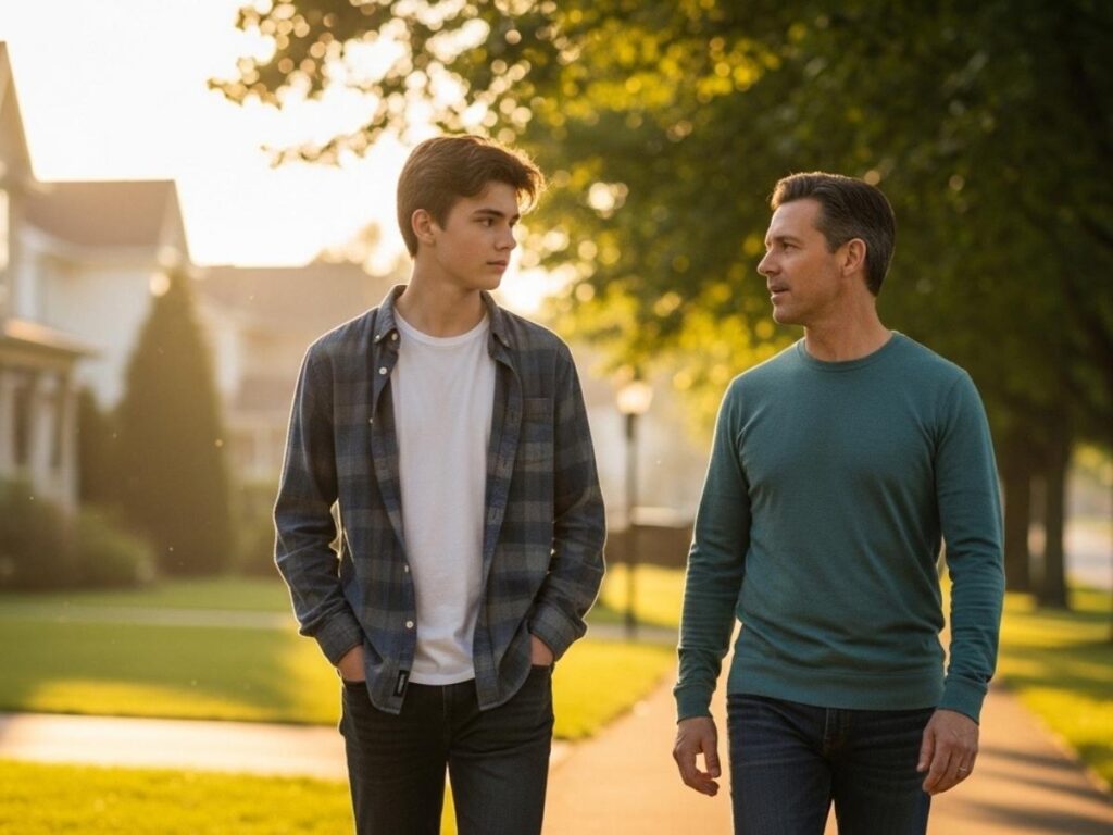 A parent and teenager walking together at sunset while having a calm, supportive conversation about feelings.