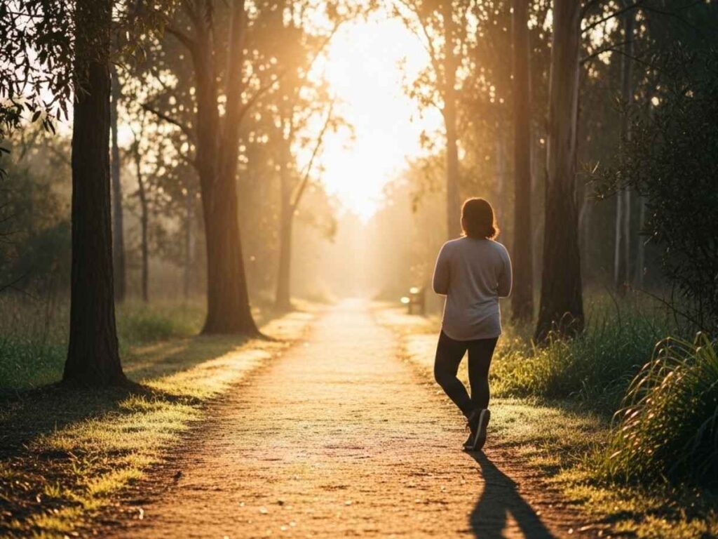 Person standing at the start of a peaceful forest path at sunrise symbolizing a gentle step toward healing and support.