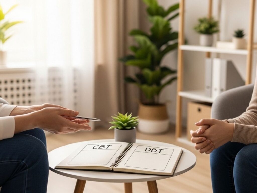 Client and therapist discussing CBT and DBT options in a calm counseling office while reviewing a notebook comparison.