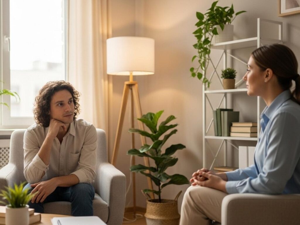 A person beginning their first therapy conversation with a supportive therapist in a calm counseling office.