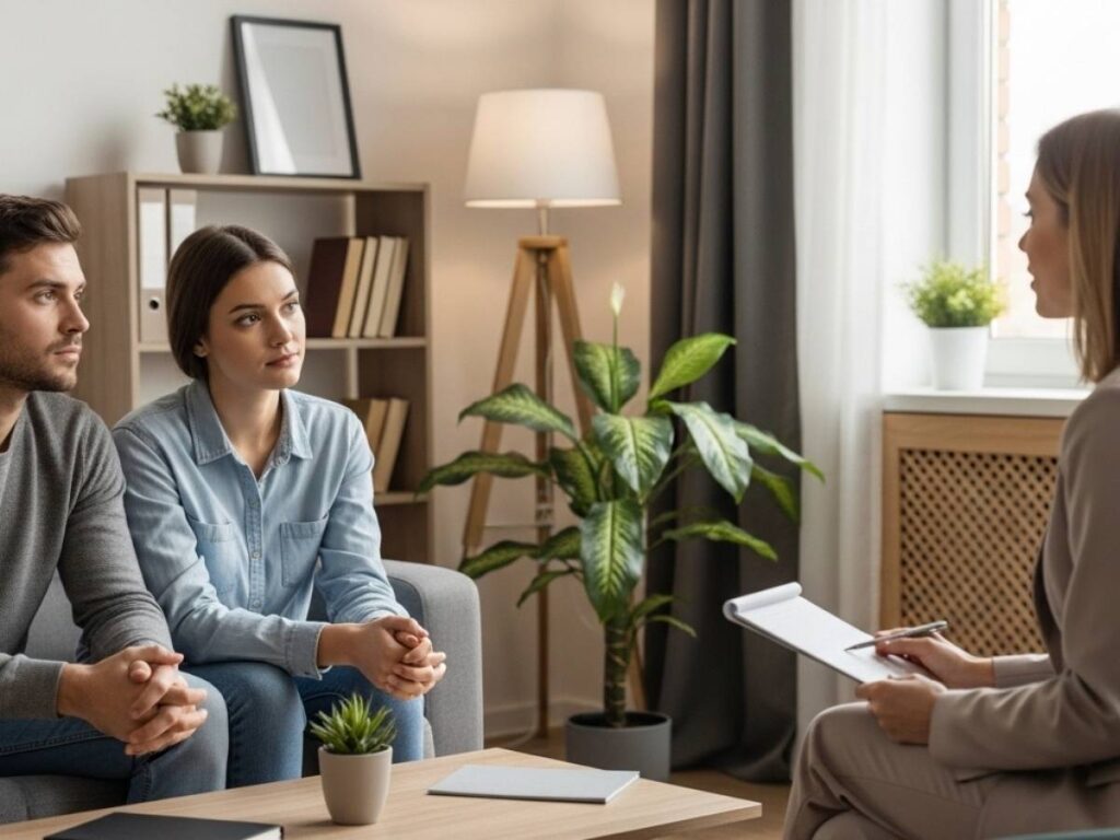 A couple discussing relationship challenges with a therapist during a supportive counseling session.