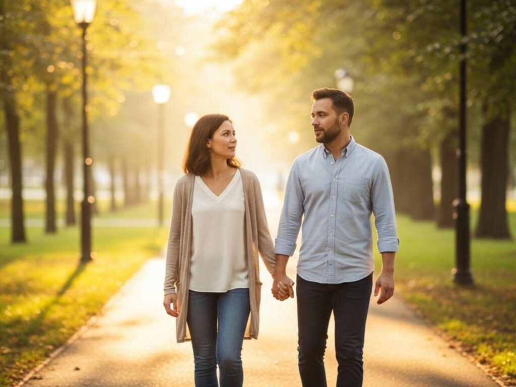 A couple walking together on a sunlit park path, symbolizing hope, reflection, and taking the next step toward relationship support.
