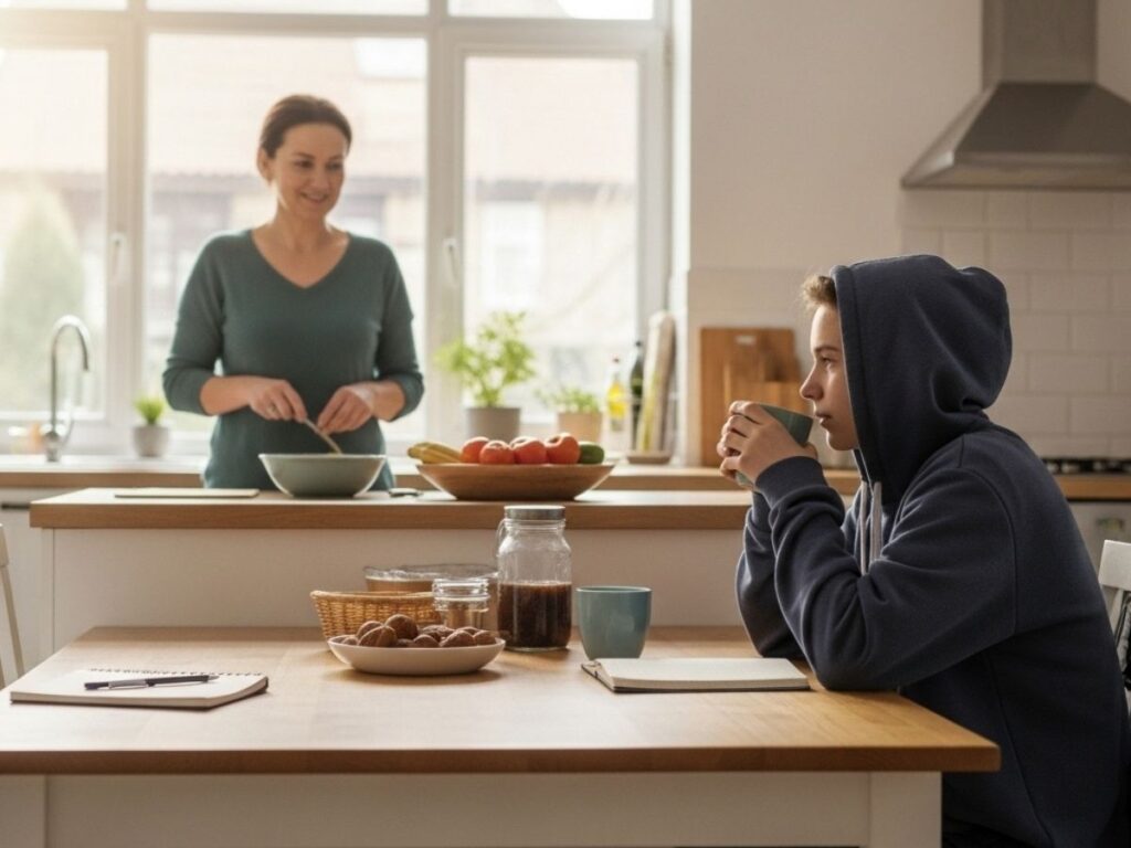 A parent quietly supporting their teenager during a calm morning at home, creating a safe and caring environment.