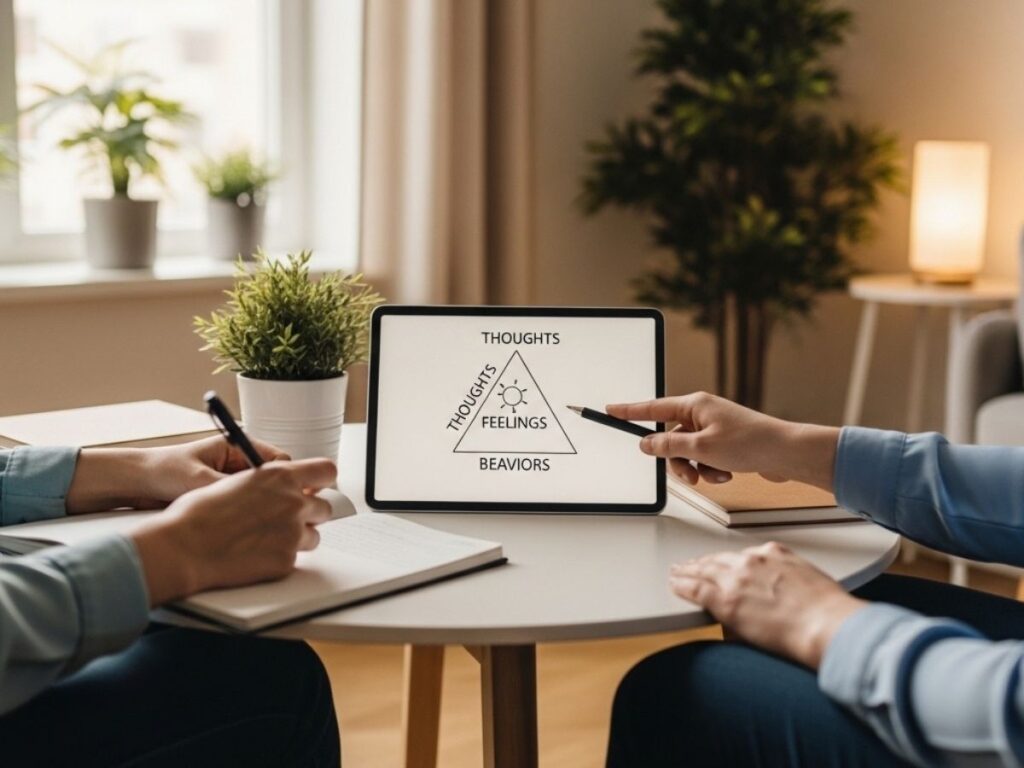 Therapist and client reviewing the cognitive triangle while journaling during a cognitive behavioral therapy session.