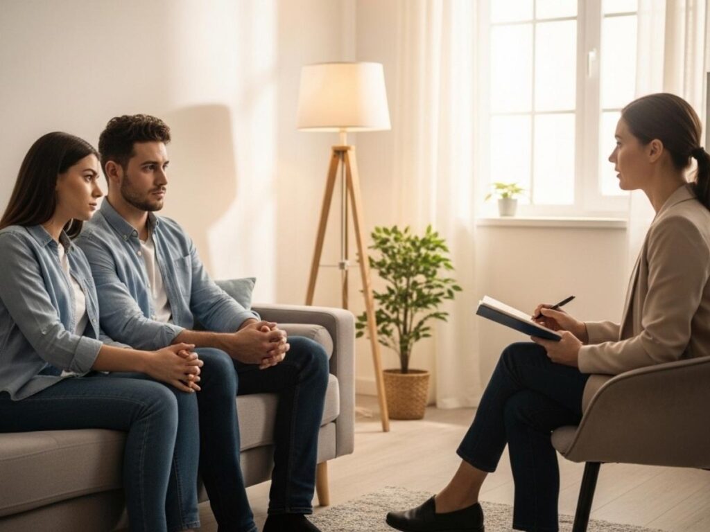 A couple sitting with a therapist in a calm counseling office, beginning couples therapy during a difficult time in their relationship.