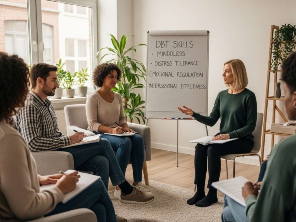Group therapy session teaching DBT skills like mindfulness, emotional regulation, and communication in a calm counseling environment.