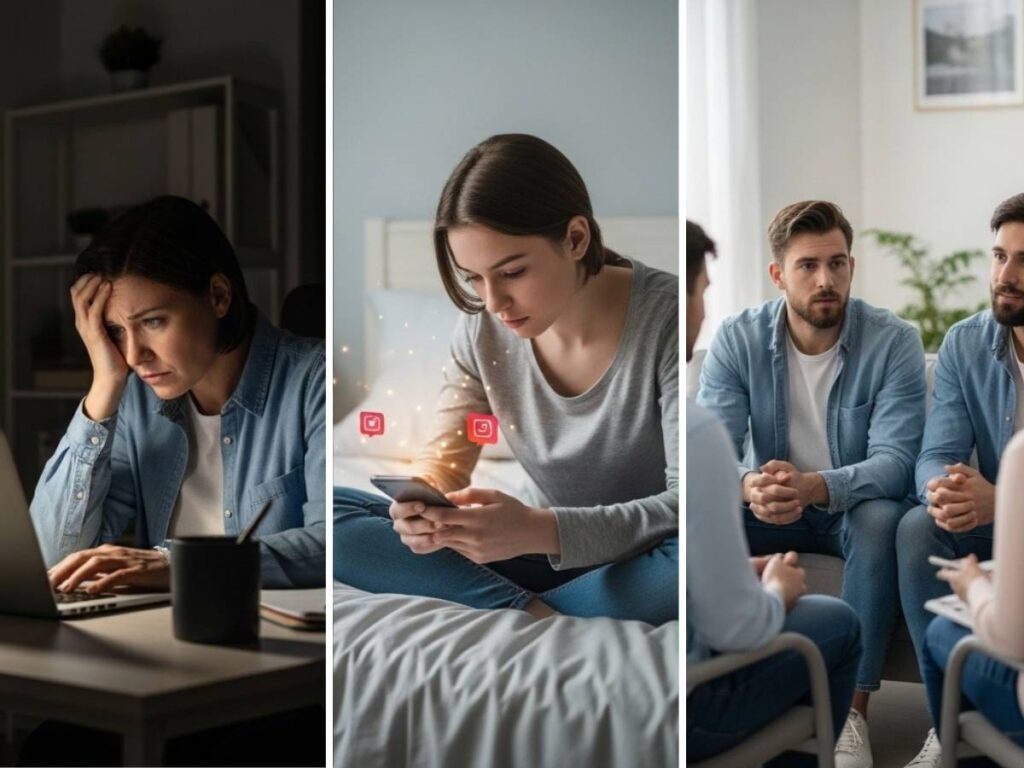 Adults, a teen, and a couple each experiencing self-esteem struggles in work, social, and relationship settings.