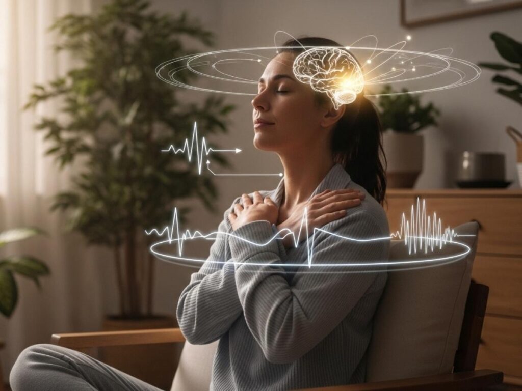 Person practicing mindfulness meditation while subtle visuals represent the brain and body calming the stress response.