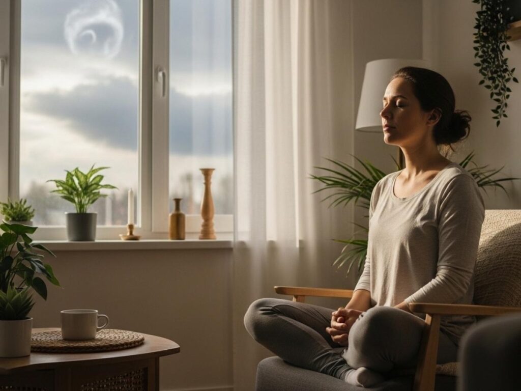 Person practicing mindfulness meditation near a window while a distant storm symbolizes calming anxiety.