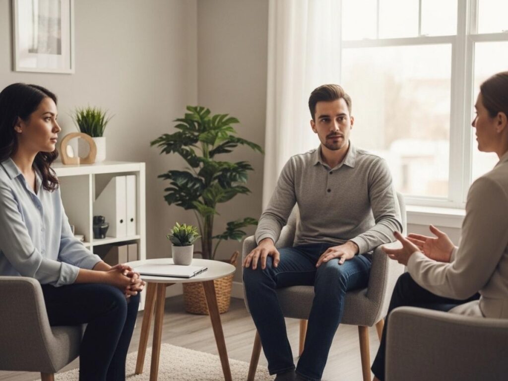 A couple and therapist having a reflective conversation about relationship decisions in a calm counseling setting.