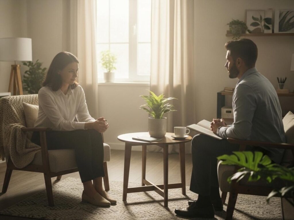 Client speaking with a therapist in a calm counseling office, representing support and healing from burnout.