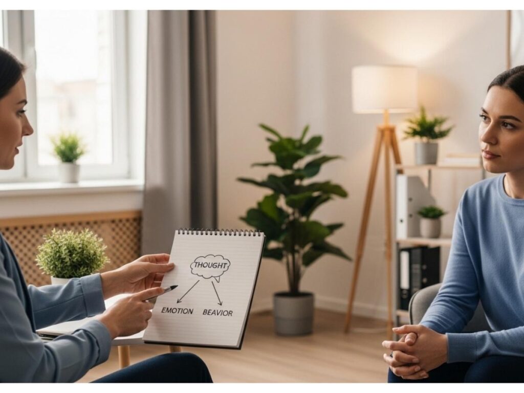 A therapist and client discussing thoughts and emotions during a counseling session focused on improving self-esteem.