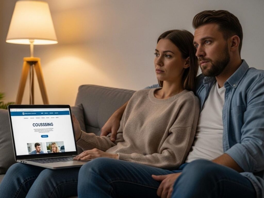 A thoughtful couple sitting together on a couch looking at a laptop as they consider seeking marriage counseling.