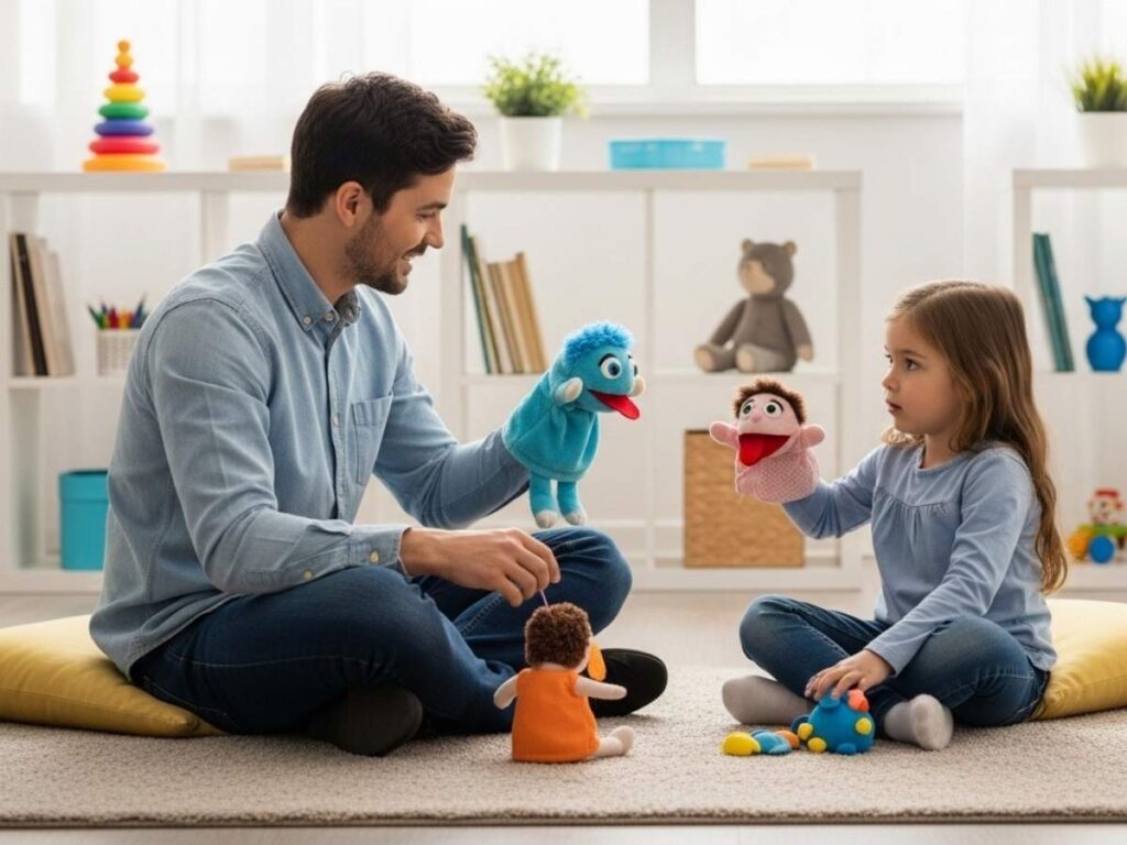 Child therapist helping a young girl express emotions through play therapy in a warm and supportive counseling room.