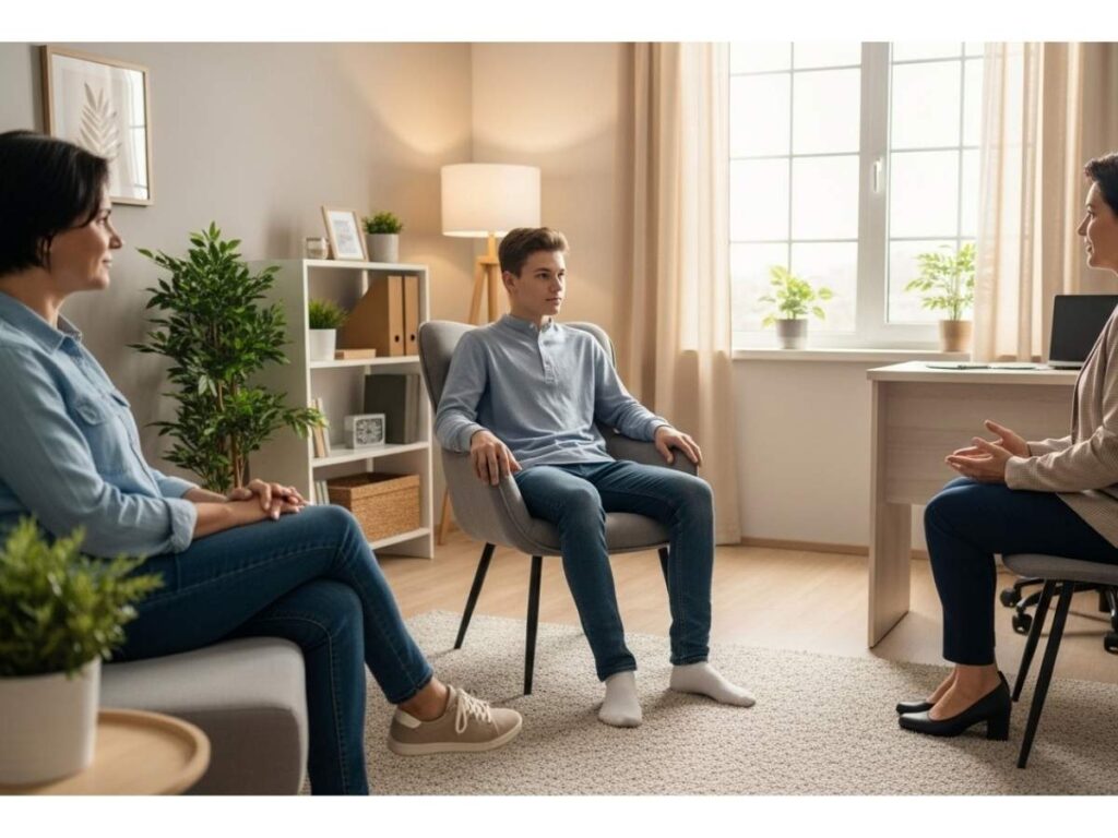 A teenager speaking with a counselor in a warm therapy office while a supportive parent sits nearby.
