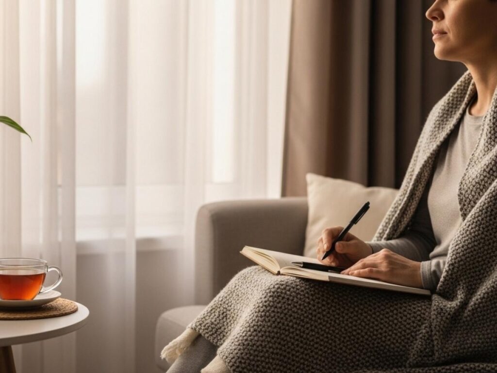 Person journaling with tea beside a sunlit window, representing gentle self-care and burnout recovery.