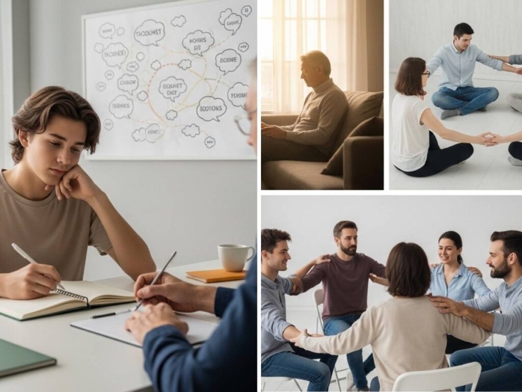 Real-life therapy moments showing CBT thought-mapping and DBT emotional regulation and communication skills in supportive counseling settings.