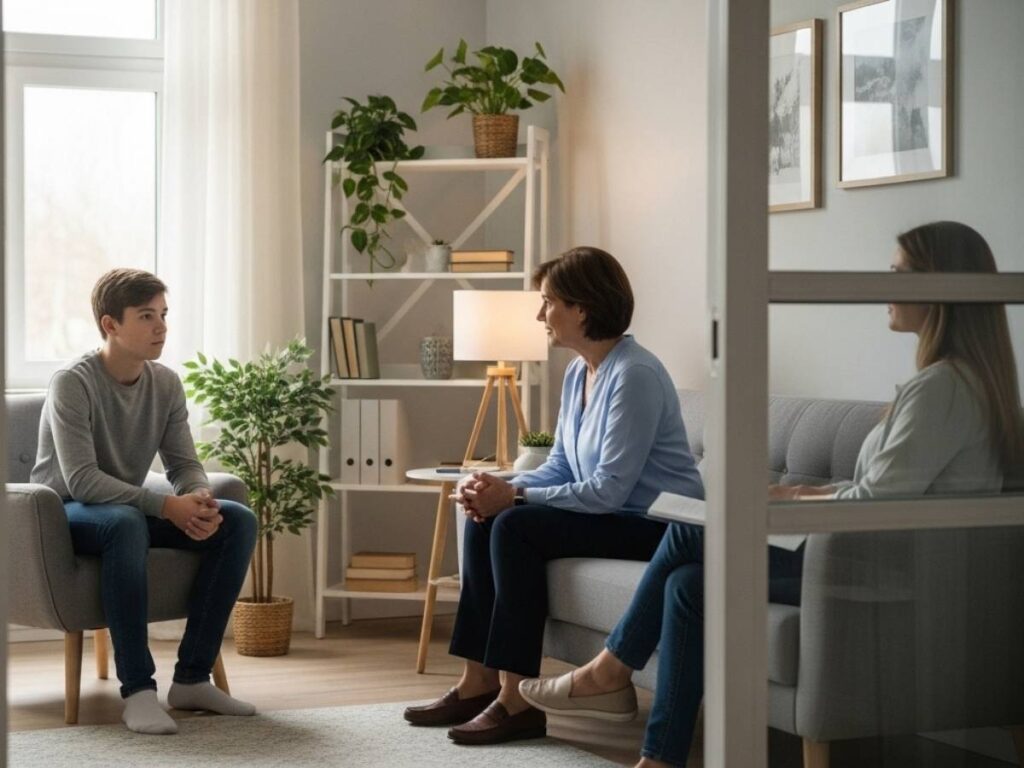 A teenager speaking with a therapist in a welcoming counseling office while a supportive parent waits nearby.