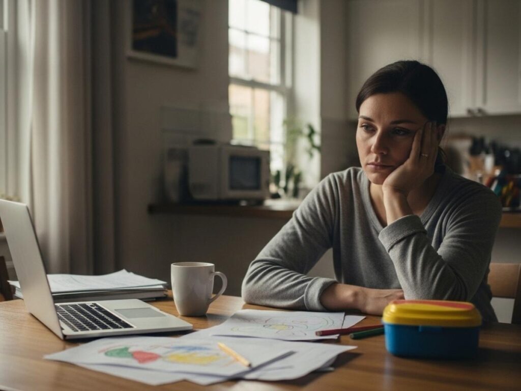 Exhausted working parent sitting at a kitchen table surrounded by work and family items, reflecting quiet burnout.