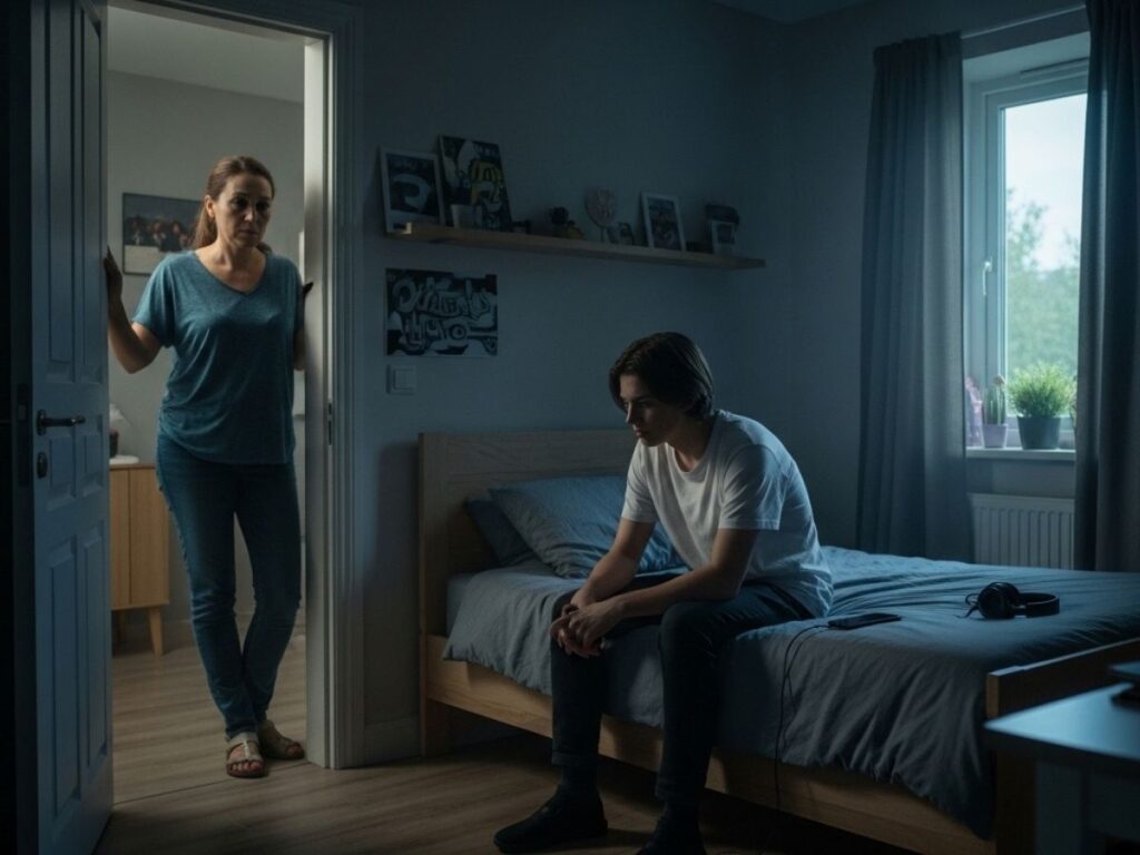 A worried parent observing their withdrawn teenager sitting quietly in a dim bedroom, reflecting concern about possible depression.