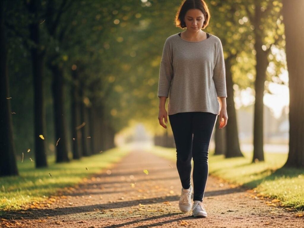 Person practicing mindful walking on a quiet nature path while focusing on each step.