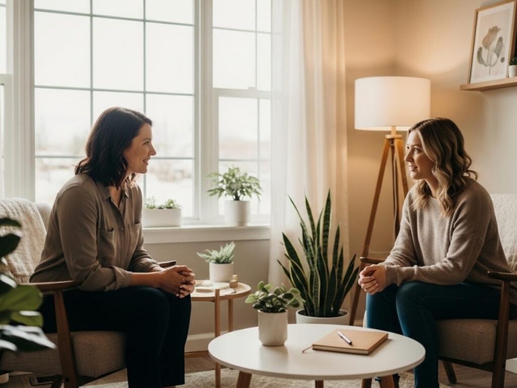 A client beginning their first therapy session in a calm and welcoming counseling office in Idaho Falls.