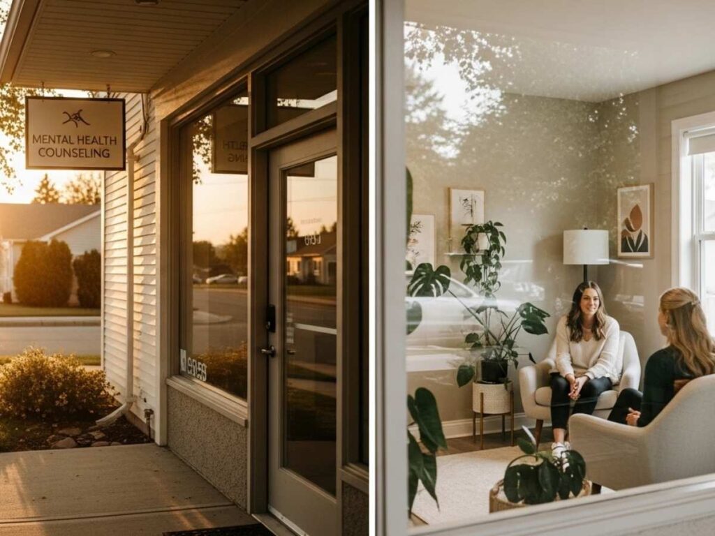 Welcoming counseling center where a therapist and client talk in a calm office, symbolizing accessible mental health support.**