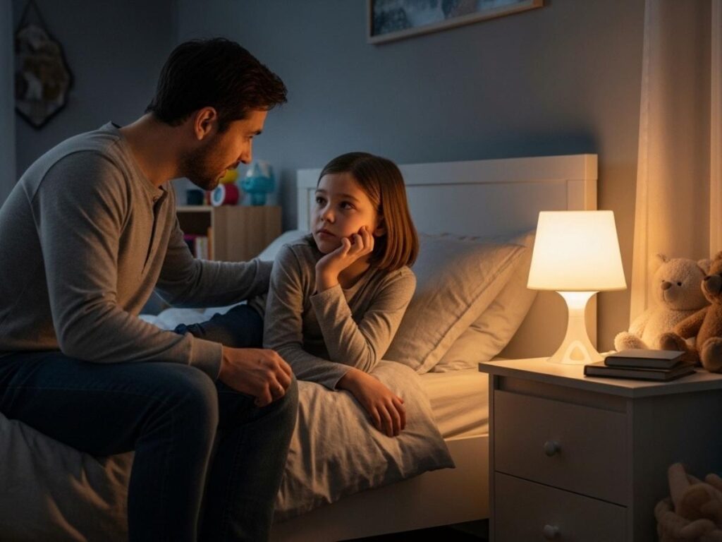 Parent calmly talking with their child in a softly lit bedroom, offering emotional support and reassurance.