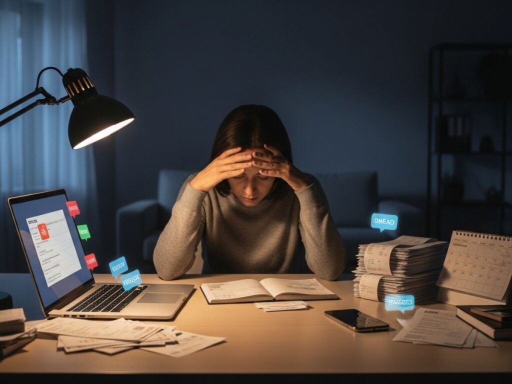 Person sitting at a cluttered desk late at night surrounded by work and life responsibilities, illustrating the causes of burnout.