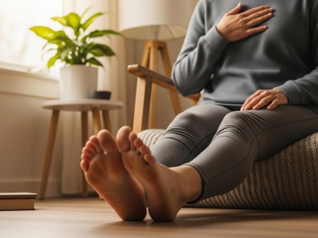 Person practicing grounding mindfulness by sitting with feet on the floor and focusing on their breath in a calm room.