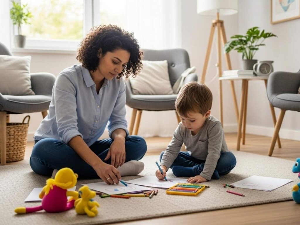 Child expressing emotions through drawing while a therapist gently guides the session in a calm therapy room.