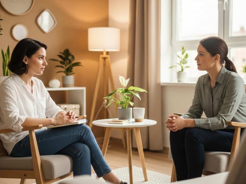 A therapist and client having a calm one-on-one conversation in a warm, private counseling office.