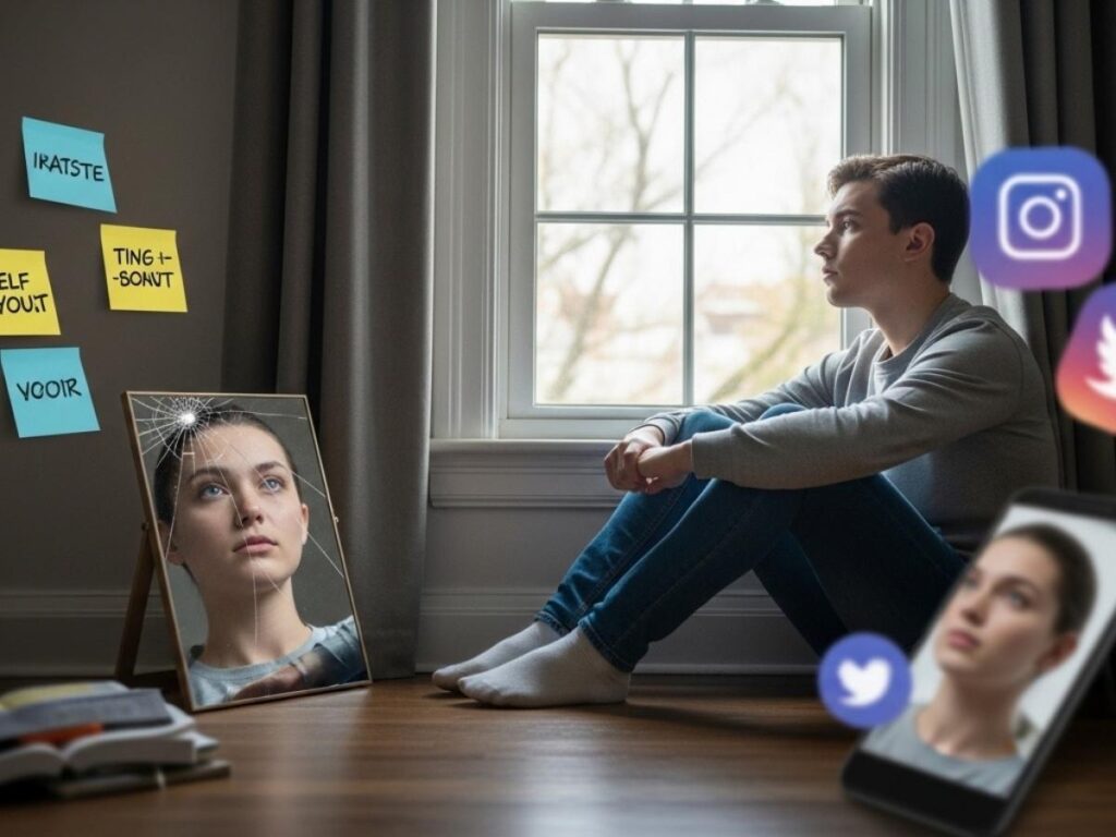 A reflective person sitting by a window surrounded by subtle symbols of self-doubt, representing the deeper roots of low self-esteem.