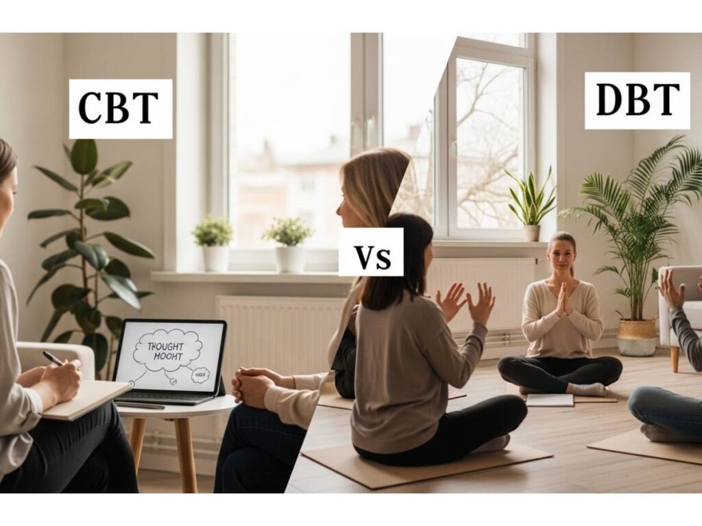 Side-by-side therapy scene showing individual cognitive behavioral therapy and group dialectical behavior therapy sessions in a calm counseling environment.