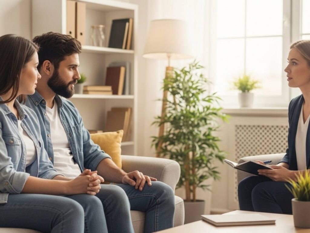 A couple engaging openly with a therapist during a collaborative couples therapy session.