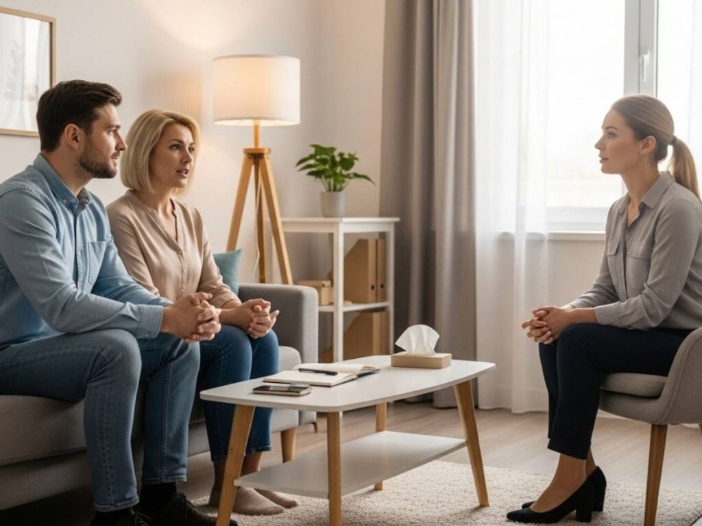 A married couple speaking with a therapist in a calm counseling office during a couples therapy session.