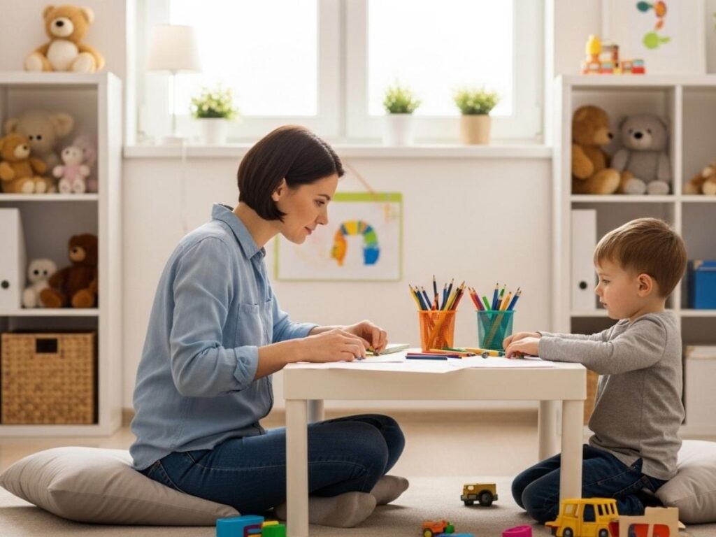 Child therapist using play therapy with a young child in a welcoming counseling office filled with toys and art supplies.