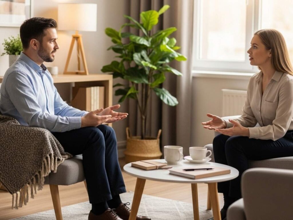 Client and therapist having a supportive conversation in a calm counseling office designed for burnout recovery.
