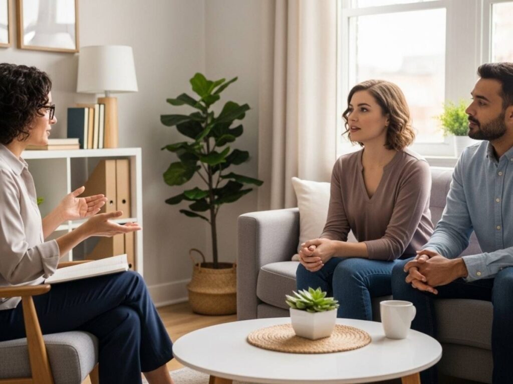 A therapist guiding a couple through a supportive conversation during a couples therapy session.