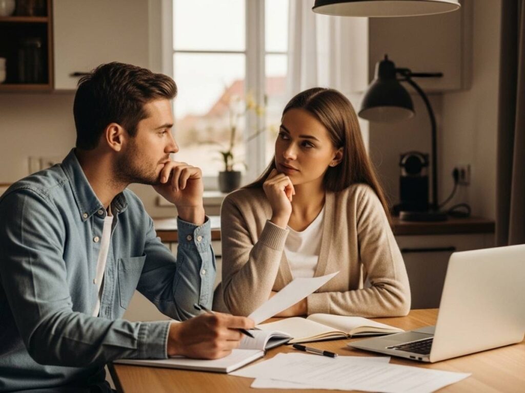 A married couple sitting at a kitchen table discussing their relationship while looking at a laptop together in a calm home setting.
