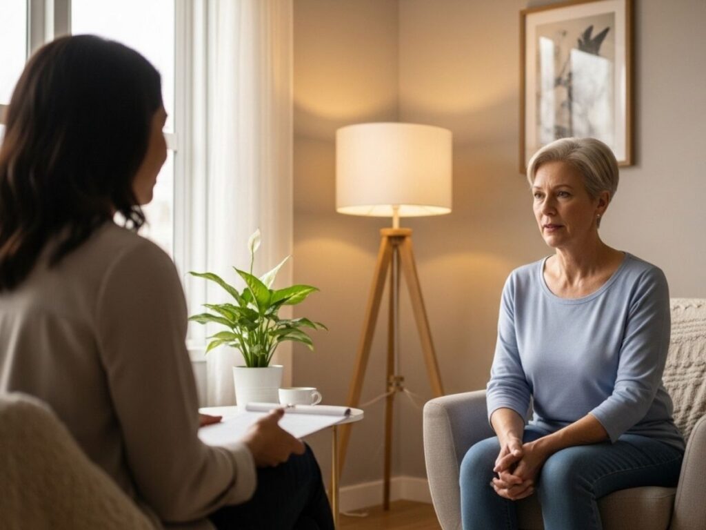 A person speaking with a therapist in a warm, supportive counseling office during an individual therapy session.