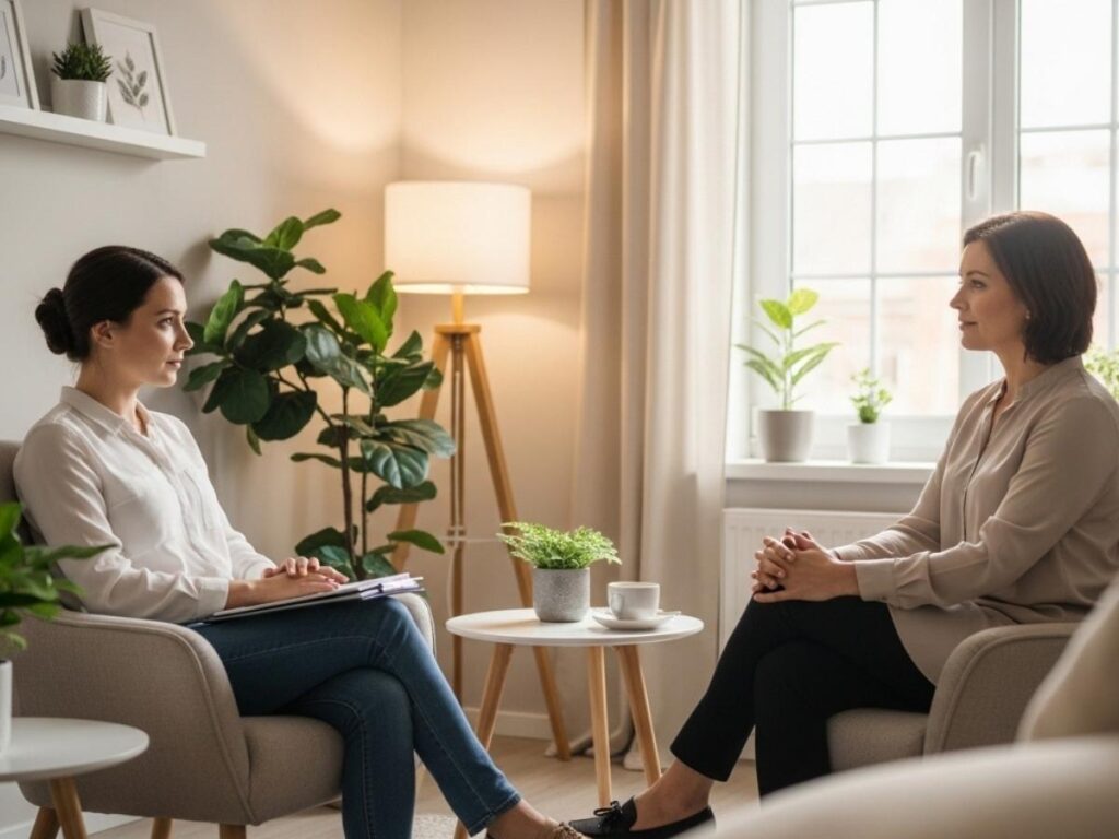 Therapist and client having a supportive conversation in a calm counseling office environment.