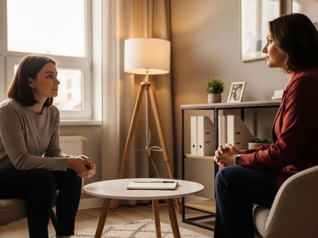 A person speaking with a therapist in a calm counseling office, representing support for low self-esteem and self-doubt.