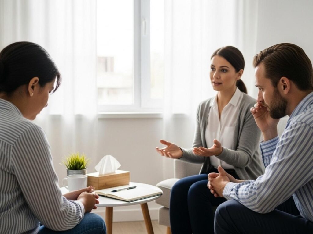 A therapist listening compassionately to a distressed client in a calm counseling office environment.