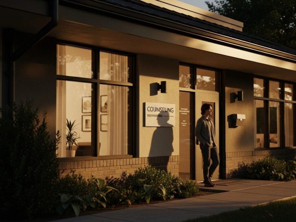 A person standing outside a welcoming therapy office, representing the decision to seek support for self-esteem and mental health.
