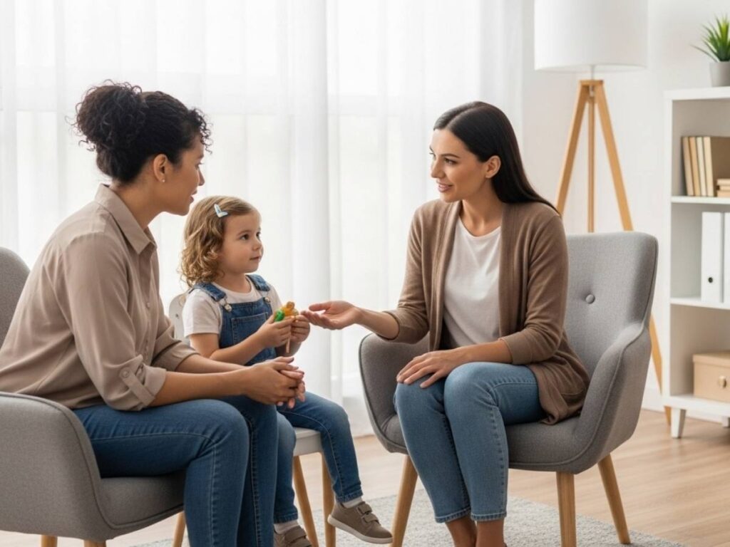 Child therapist meeting with a parent and child together in a supportive family therapy session.
