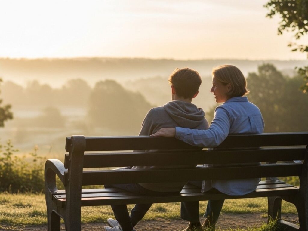 A parent and teenager sitting together on a park bench at sunrise, symbolizing hope and support during a difficult time.